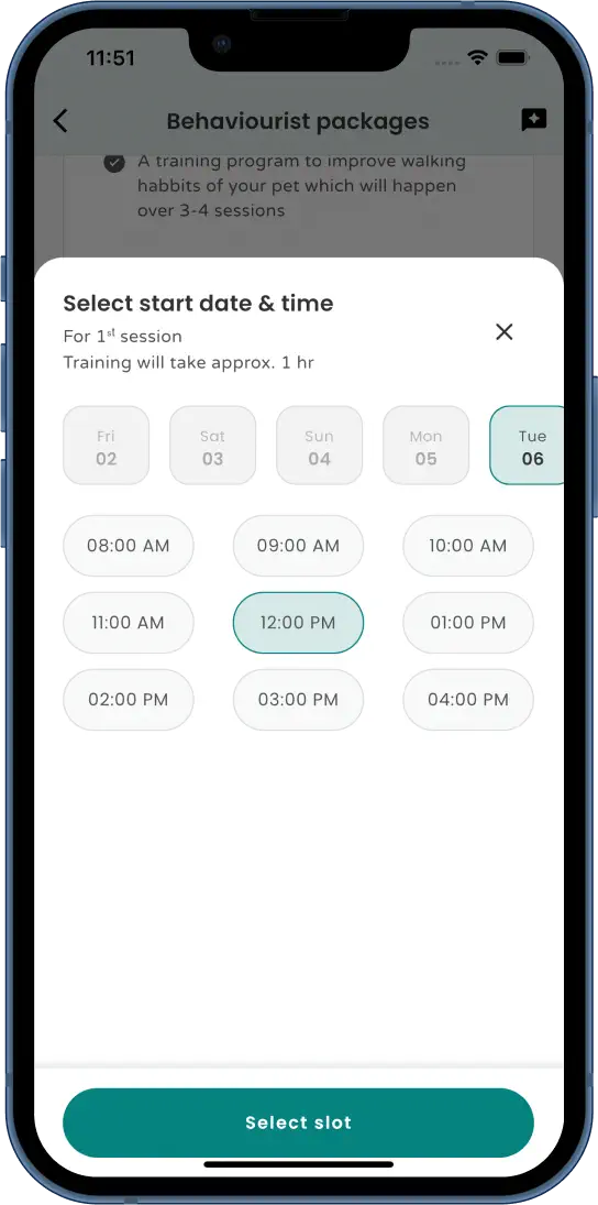 Behaviourist time slot selection screen