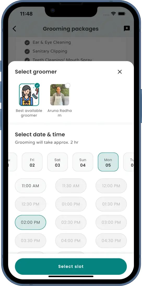 Grooming time slot selection screen