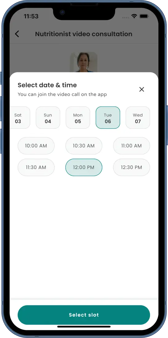 Nutritionist time slot selection screen
