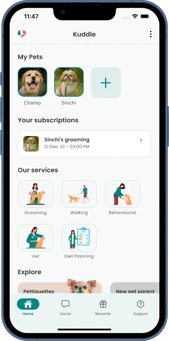Kuddle dog behaviourist and other services home screen
