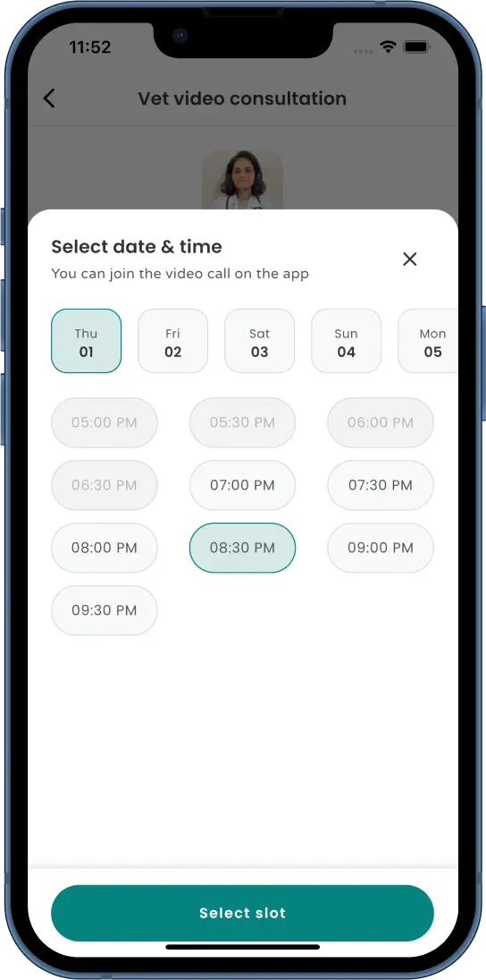 Vet consultation time slot selection screen